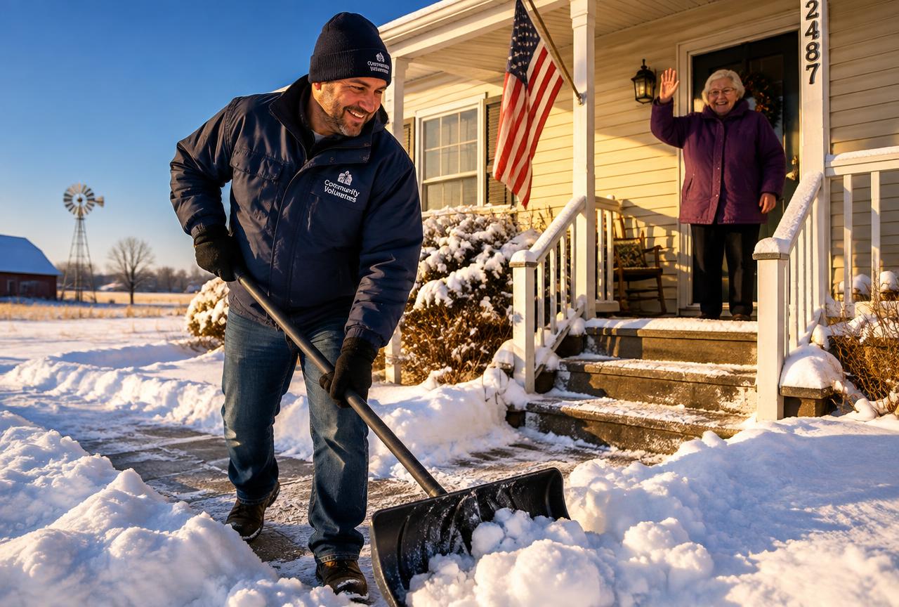 An ANGELS volunteer shoveling snow from a walkway while a senior waves happily from her porch